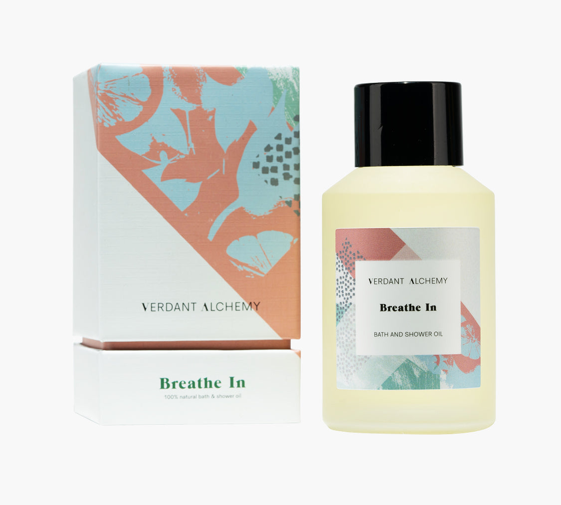 Verdant Alchemy Breathe In luxury natural bath oil made with eucalyptus and lemon essential oils to help relax mind and body and clear airways.